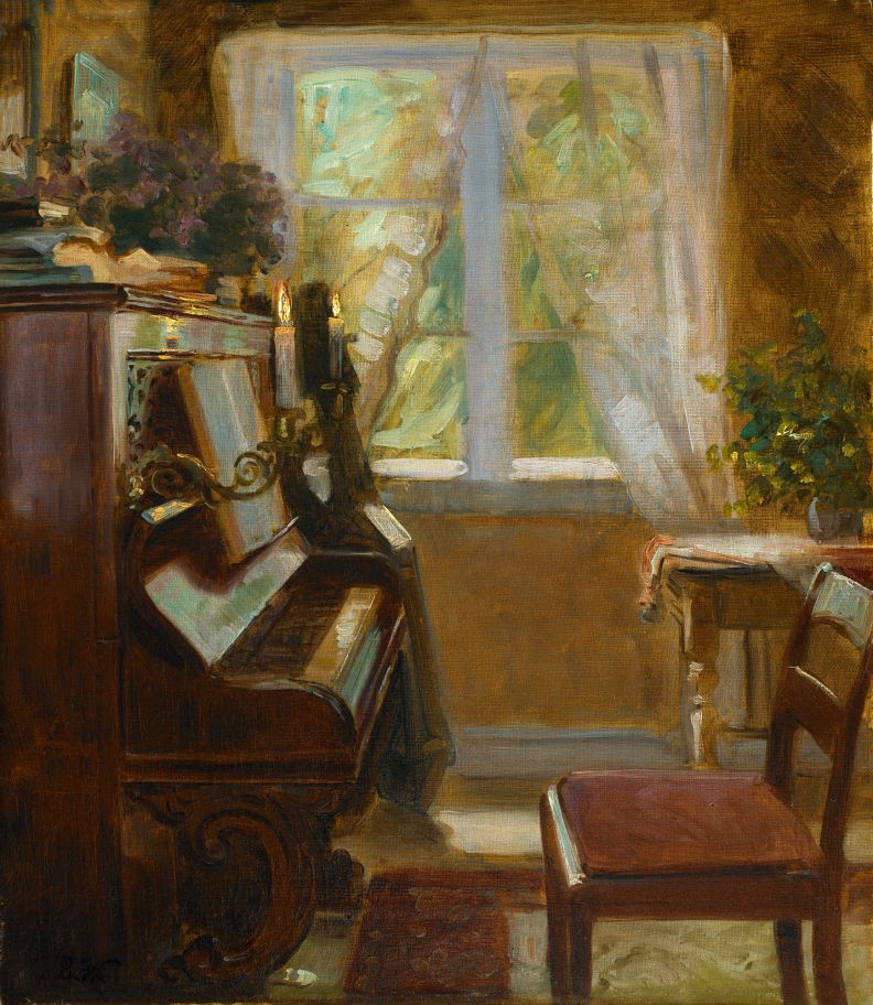 Interior with Wegmann's Piano, vintage artwork by Bertha Wegmann, 12x8" (A4) Poster