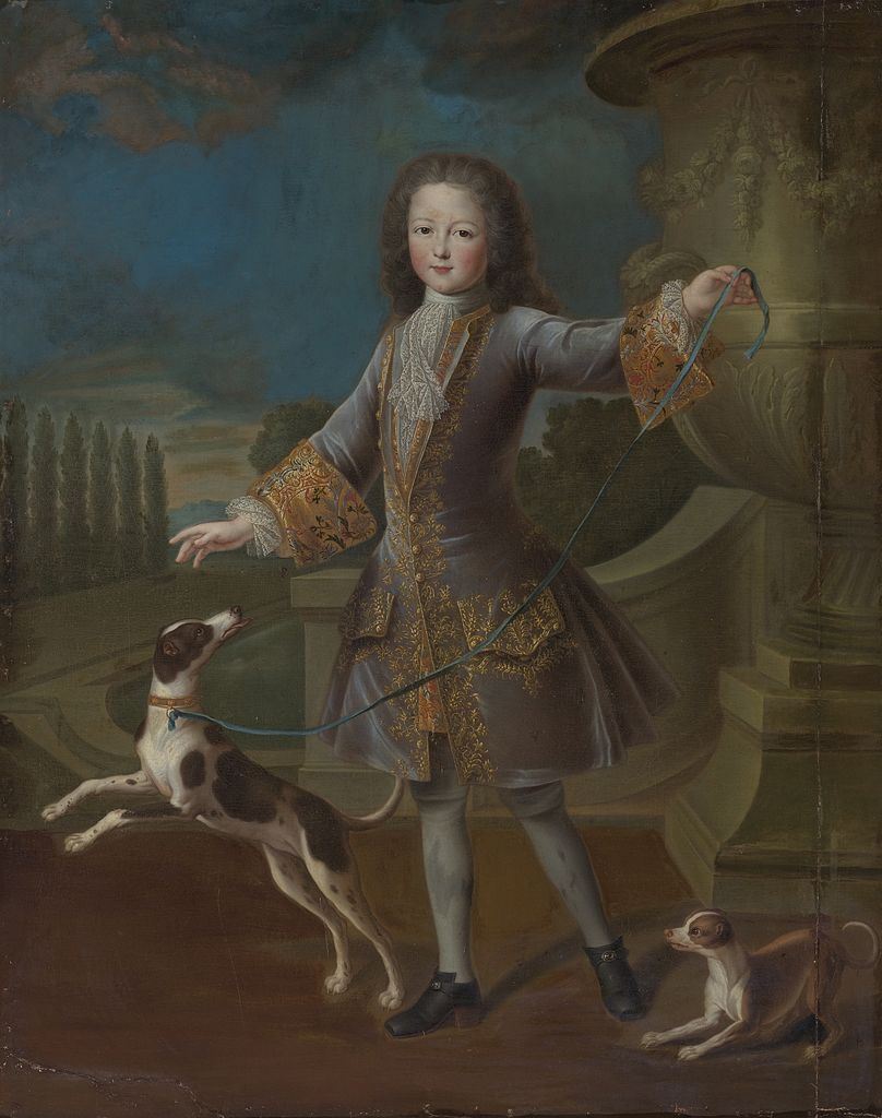 Portrait of Louis XV with two dogs, vintage artwork by Pierre Gobert, 12x8" (A4) Poster