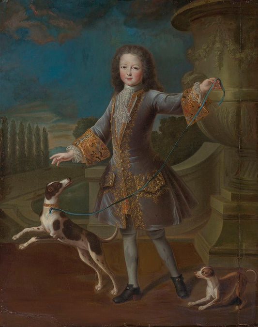 Portrait of Louis XV with two dogs, vintage artwork by Pierre Gobert, 12x8" (A4) Poster