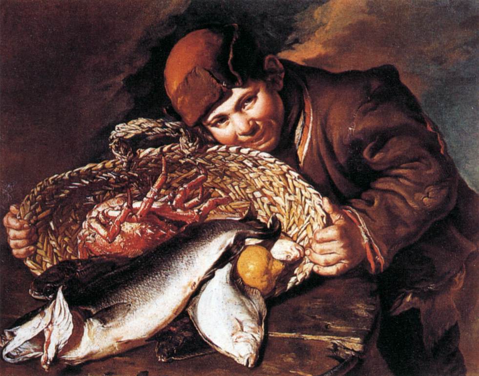 Boy with a Basket of Fish, vintage artwork by Giacomo Ceruti, 12x8" (A4) Poster