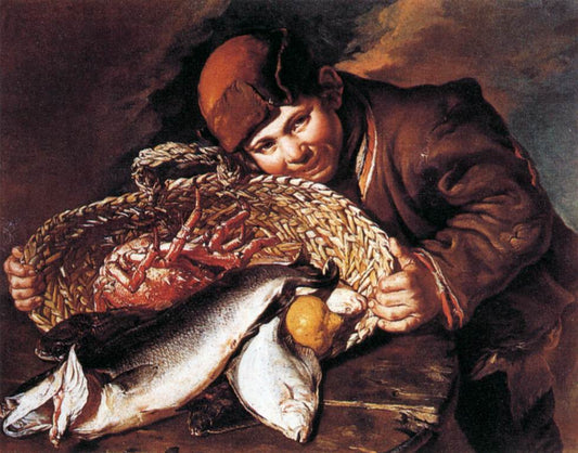Boy with a Basket of Fish, vintage artwork by Giacomo Ceruti, 12x8" (A4) Poster