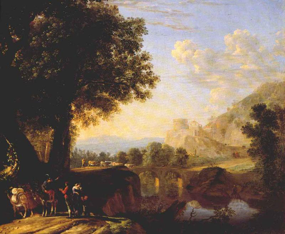 Italian Landscape with Bridge and Castlke, vintage artwork by Herman van Swanevelt, 12x8" (A4) Poster
