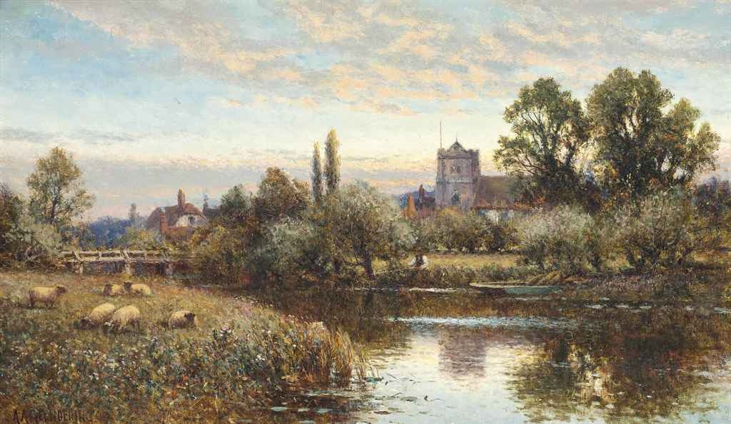 Sheep Grazing before Wrotham Church - Twilight, vintage artwork by Alfred Augustus Glendening Sr., 12x8" (A4) Poster