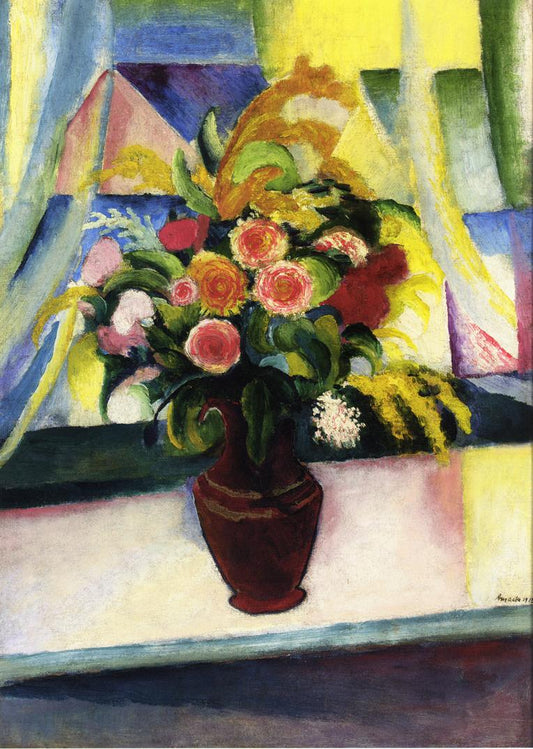 Still life: colourful bunch of flowers in front of a window, vintage artwork by August Macke, 12x8" (A4) Poster