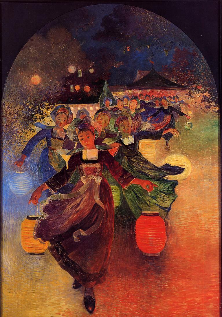 Breton Girls with Chinese Lanterns, vintage artwork by Ferdinand du Puigaudeau, 12x8" (A4) Poster