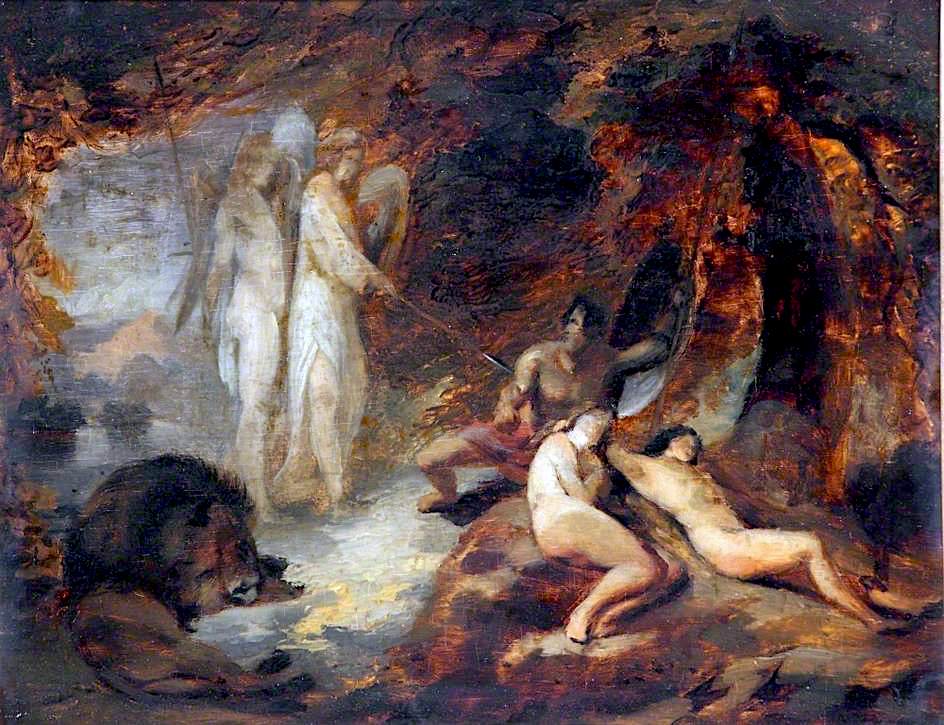 The Angels Ithuriel and Zephon Finding Satan at the Ear of Eve, vintage artwork by William Huggins, A3 (16x12") Poster Print