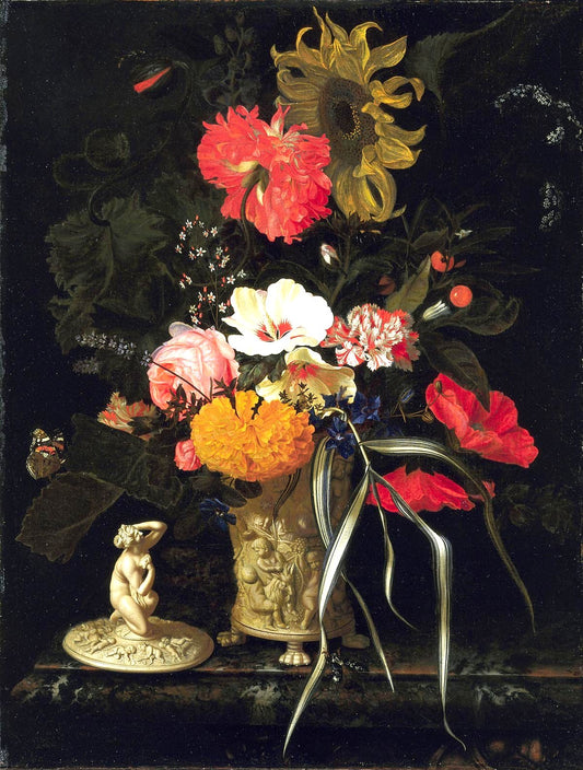 Flowers in a vase with embossed decorations, vintage artwork by Maria van Oosterwijck, 12x8" (A4) Poster
