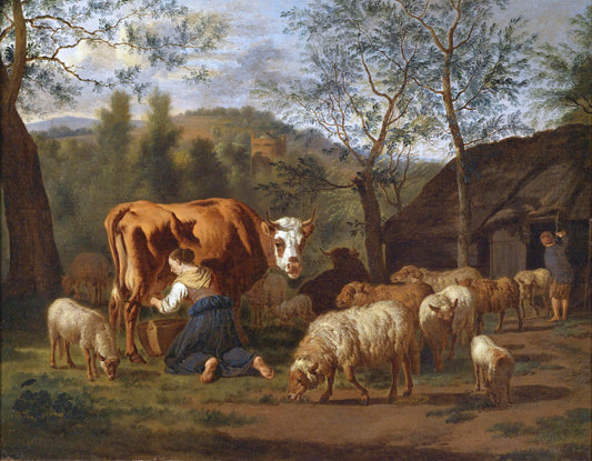 Maid milking a cow, a goat in front of the barn, vintage artwork by Adriaen van de Velde, 12x8" (A4) Poster