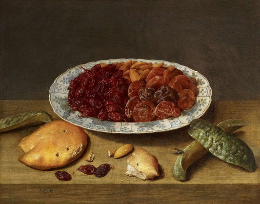 Still life with raisins, apricots and plums in a porcelain dish, vintage artwork by Jacob van Hulsdonck, 12x8" (A4) Poster