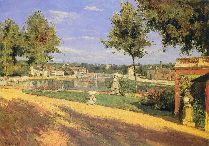 Terrace on the Banks of the Seine at Melun, vintage artwork by Henri Rouart, 12x8" (A4) Poster