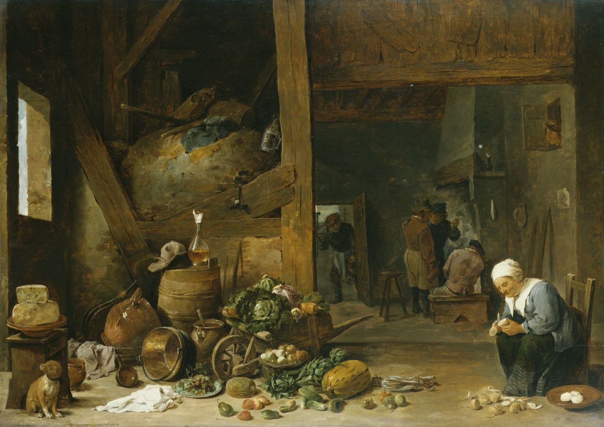 The Interior of a Kitchen with an Old Woman Peeling Turnips, vintage artwork by David Teniers (II), 12x8" (A4) Poster