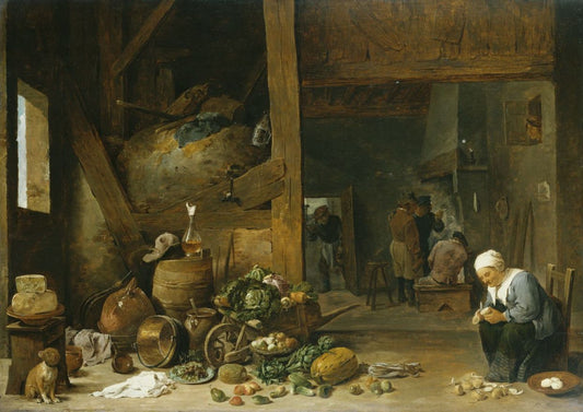 The Interior of a Kitchen with an Old Woman Peeling Turnips, vintage artwork by David Teniers (II), 12x8" (A4) Poster