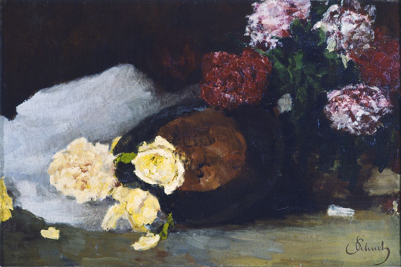 Still life with tea roses, peonies and opera hat, vintage artwork by Carl Eduard Schuch, 12x8" (A4) Poster