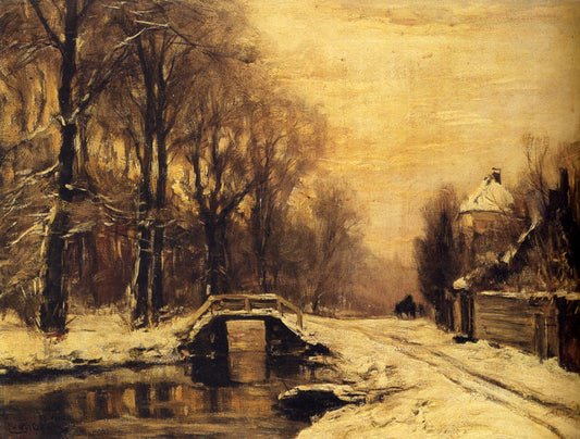 A Snowy Lane with a Bridge Across a Stream, vintage artwork by Louis Apol, 12x8" (A4) Poster