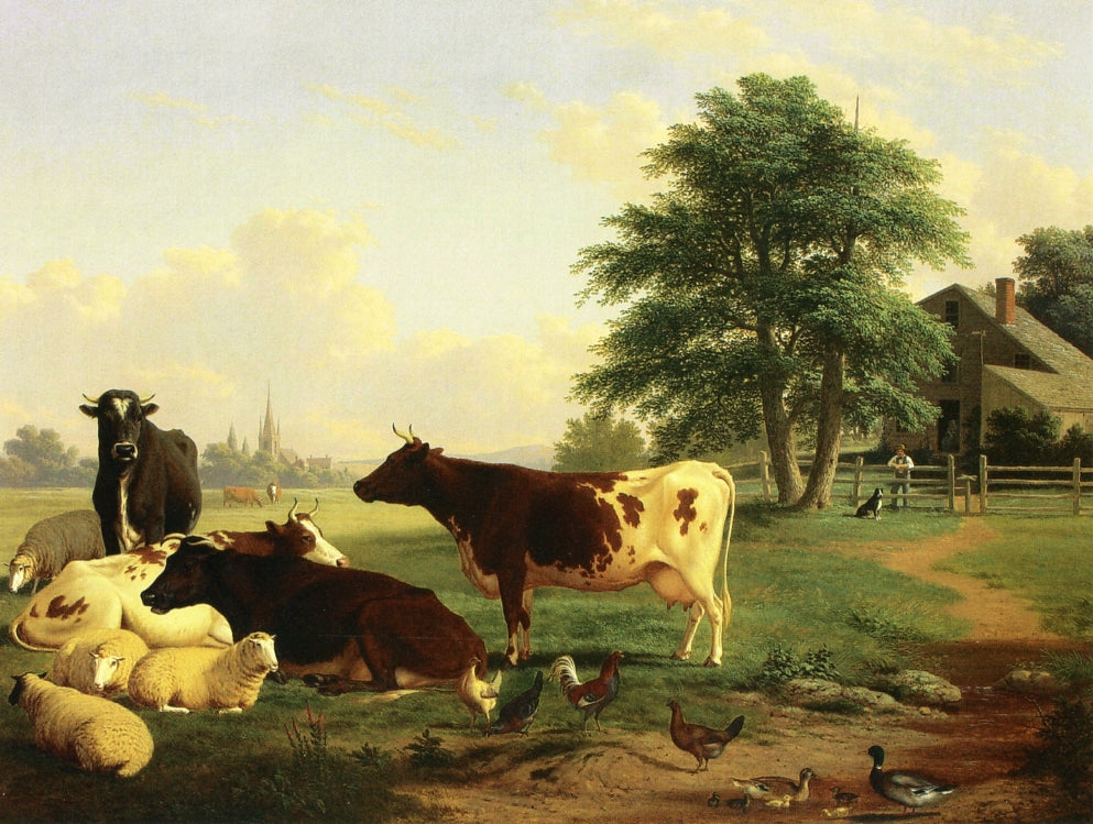 Landscape: Cattle, Woman, Boy and Newfoundland Dog, vintage artwork by Thomas Hewes Hinckley, A3 (16x12") Poster Print