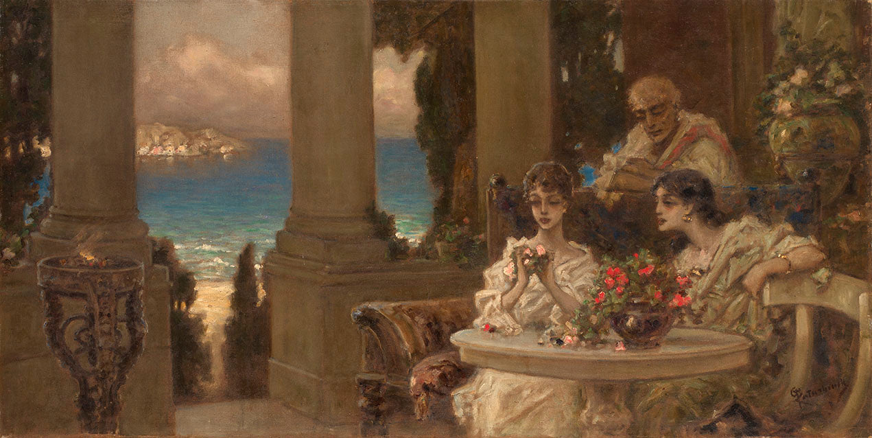On the Terrace, vintage artwork by Wilhelm Kotarbinski, 12x8" (A4) Poster
