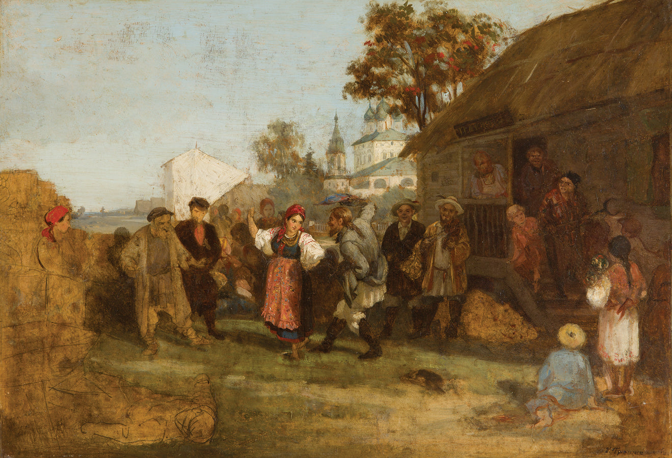 Village Festival (study), vintage artwork by Illarion Pryanishnikov, 12x8" (A4) Poster