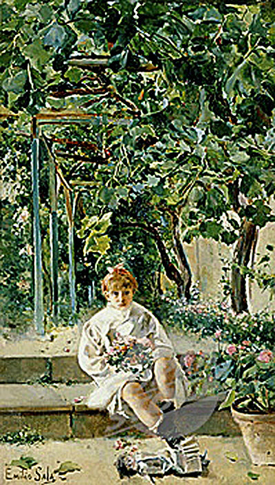 Niña en el Jardin, vintage artwork by Emilio Sala  Frances, 12x8" (A4) Poster