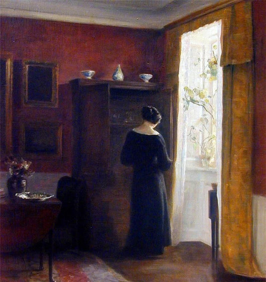 Interior with a woman by  the window, vintage artwork by Carl Vilhelm Holsøe, 12x8" (A4) Poster
