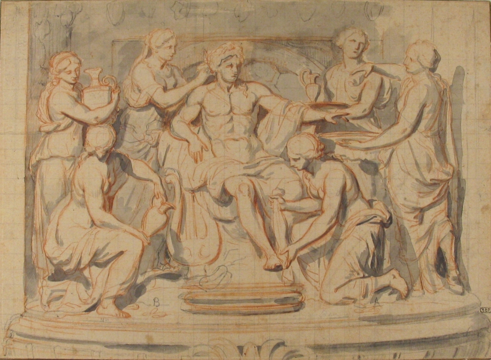 Apollo Bathing, Attended by  the Nymphs of Thetis, vintage artwork by Charles Le Brun, 12x8" (A4) Poster