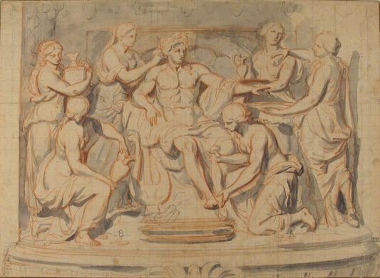 Apollo Bathing, Attended by  the Nymphs of Thetis, vintage artwork by Charles Le Brun, 12x8" (A4) Poster