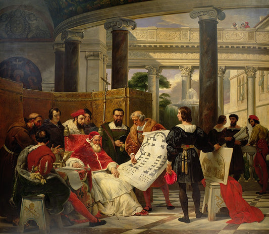 Pope Julius II Ordering Michelangelo, Bramante, and Raphael to Construct the Vatican, vintage artwork by Horace Vernet, A3 (16x12") Poster Print