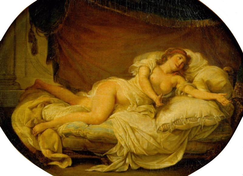 Woman Reclining in a Bed, vintage artwork by Hugues Taraval, 12x8" (A4) Poster