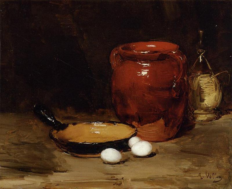 Still Life with a Pen, Jug, Bottle and Eggs on a Table, vintage artwork by Antoine Vollon, 12x8" (A4) Poster