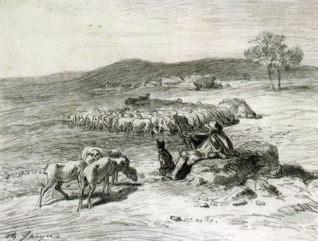 A Shepherd and his Flock, vintage artwork by Charles-Émile Jacque, A3 (16x12") Poster Print