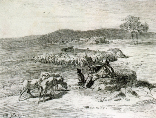 A Shepherd and his Flock, vintage artwork by Charles-Émile Jacque, A3 (16x12") Poster Print