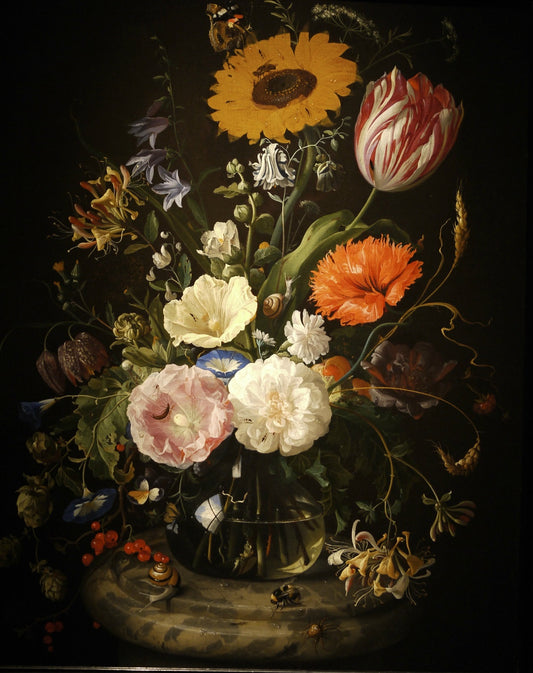 Flowers in a Glass Bottle on a Marble Plinth, vintage artwork by Jan Davidsz. de Heem, 12x8" (A4) Poster