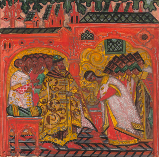 Betrothal of the Tsar Alexei Mikhailovich and Natalia Naryshkina, vintage artwork by Dmitri Semenovitch Stelletsky, 12x8" (A4) Poster