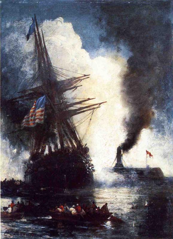 The Merrimac Sinks the Cumberland, vintage artwork by Edward Moran, 12x8" (A4) Poster