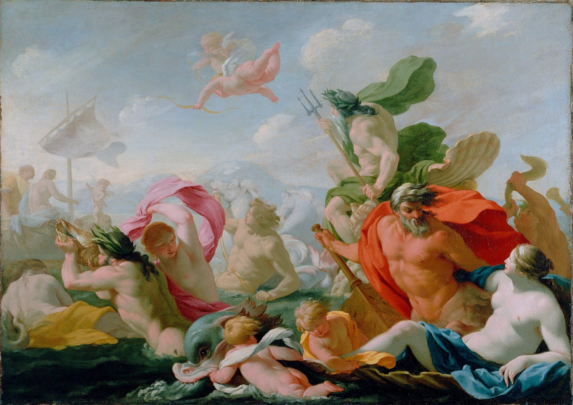 Marine Gods Paying Homage to Love, vintage artwork by Eustache Le Sueur, 12x8" (A4) Poster