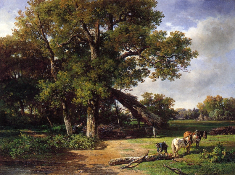 A Wooded Landscape with Farmers Gathering Wood, vintage artwork by Willem Roelofs, 12x8" (A4) Poster