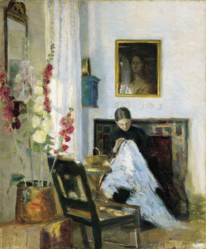 Interior with Woman Sewing, vintage artwork by Marie Triepcke Kroyer, 12x8" (A4) Poster