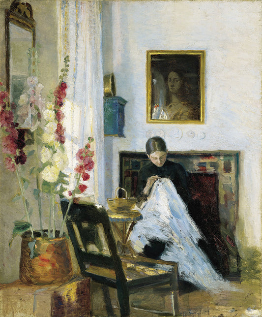 Interior with Woman Sewing, vintage artwork by Marie Triepcke Kroyer, 12x8" (A4) Poster