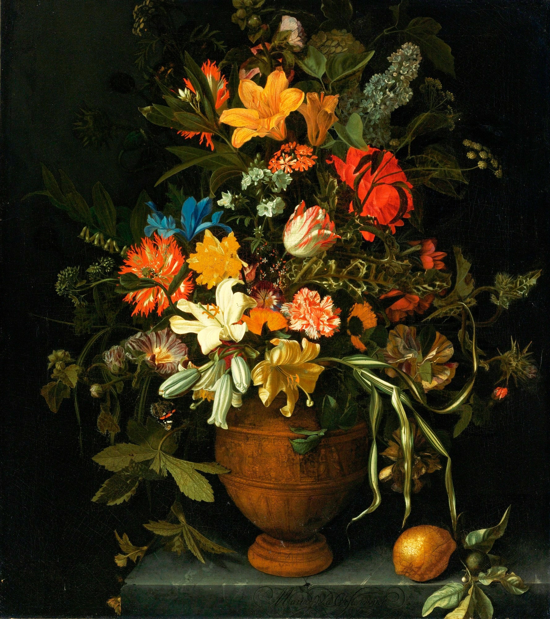 A Floral Still Life with Yellow and White Lilies, an Iris, a Sunflower, a Narcissus, etc., vintage artwork by Maria van Oosterwijck, 12x8" (A4) Poster