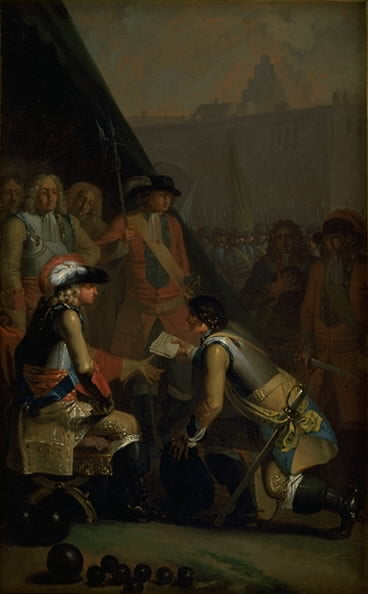Magnus Stenbock Surrenders the Fortress of Tønningen to Frederik IV in 1714, vintage artwork by Nicolai Abraham Abildgaard, 12x8" (A4) Poster