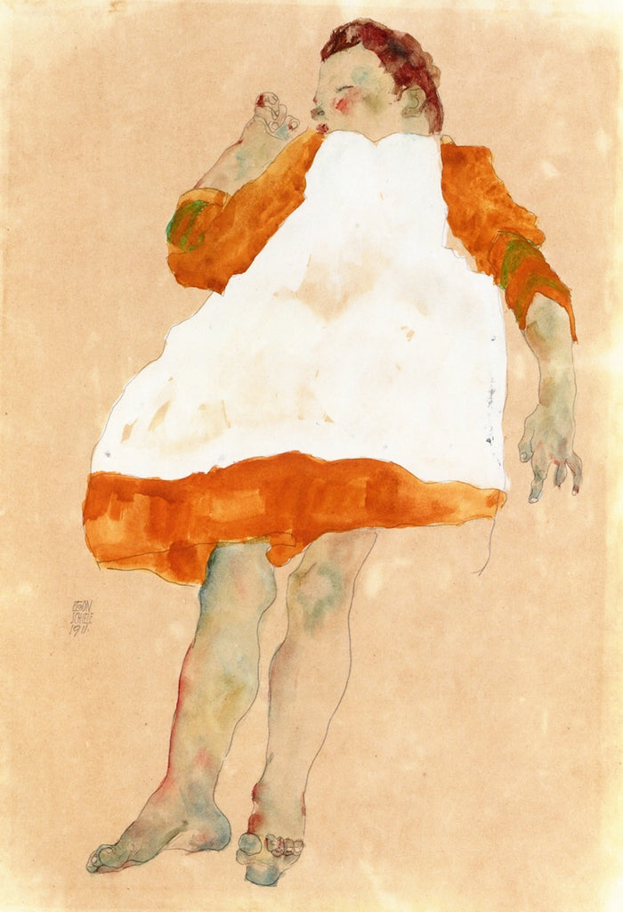 Child in Orange Dress with White Pinafore, vintage artwork by Egon Schiele, 12x8