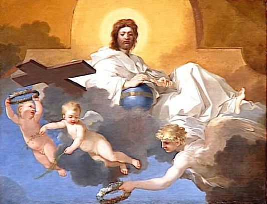 Christ Surrounded by  Angels, vintage artwork by Sebastien Bourdon, 12x8" (A4) Poster