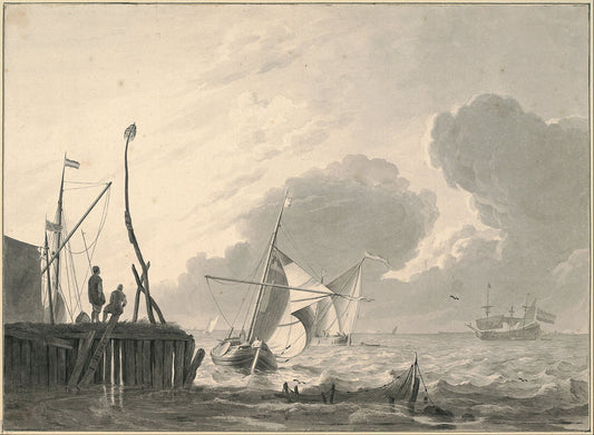 Harbour on the Sea in Gathering Thunderstorm, vintage artwork by Ludolf Backhuysen, 12x8" (A4) Poster