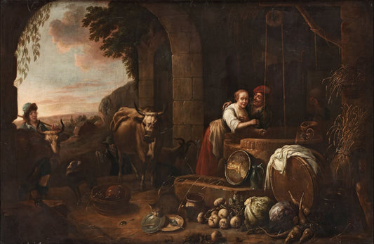 Figures and Animals at the Well, vintage artwork by David Ryckaert III, 12x8" (A4) Poster