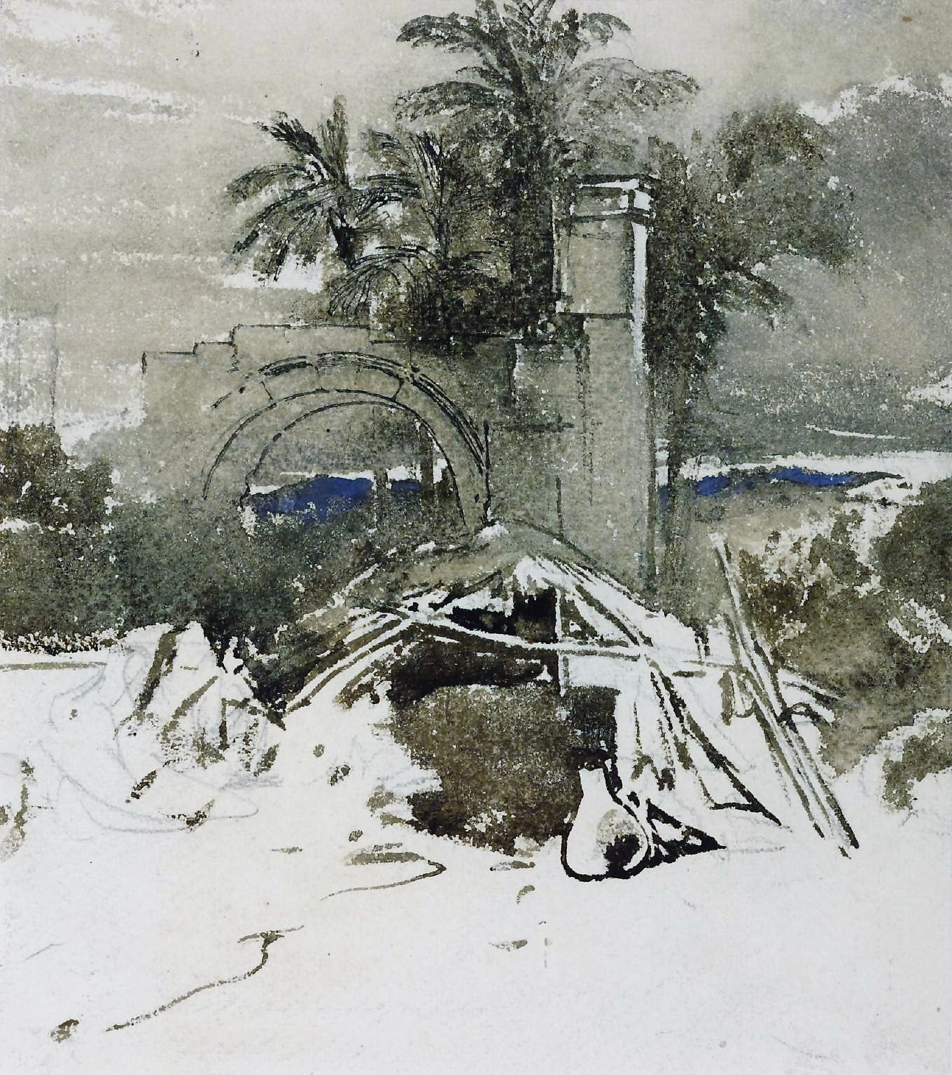 Arch, Palms, and Shed, vintage artwork by William James Müller, A3 (16x12") Poster Print