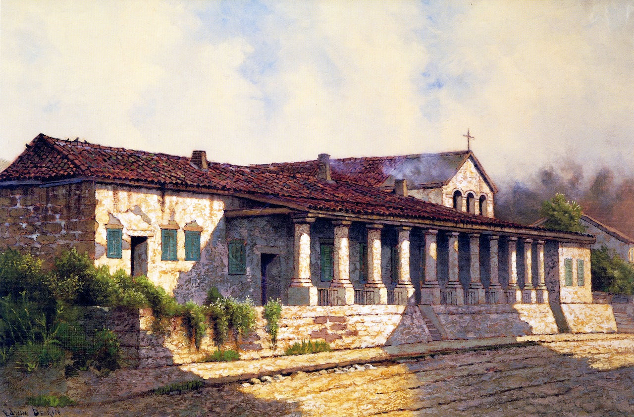 Mission San Luis Obispo de Tolosa, vintage artwork by Edwin Deakin, 12x8" (A4) Poster