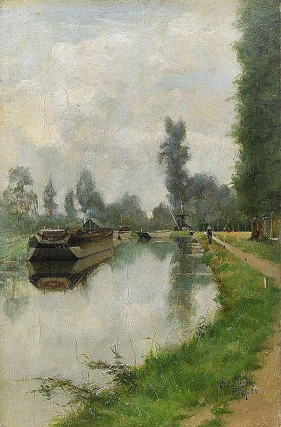 Canal at Grez sur Loing, Summer, vintage artwork by Julia Beck, 12x8" (A4) Poster