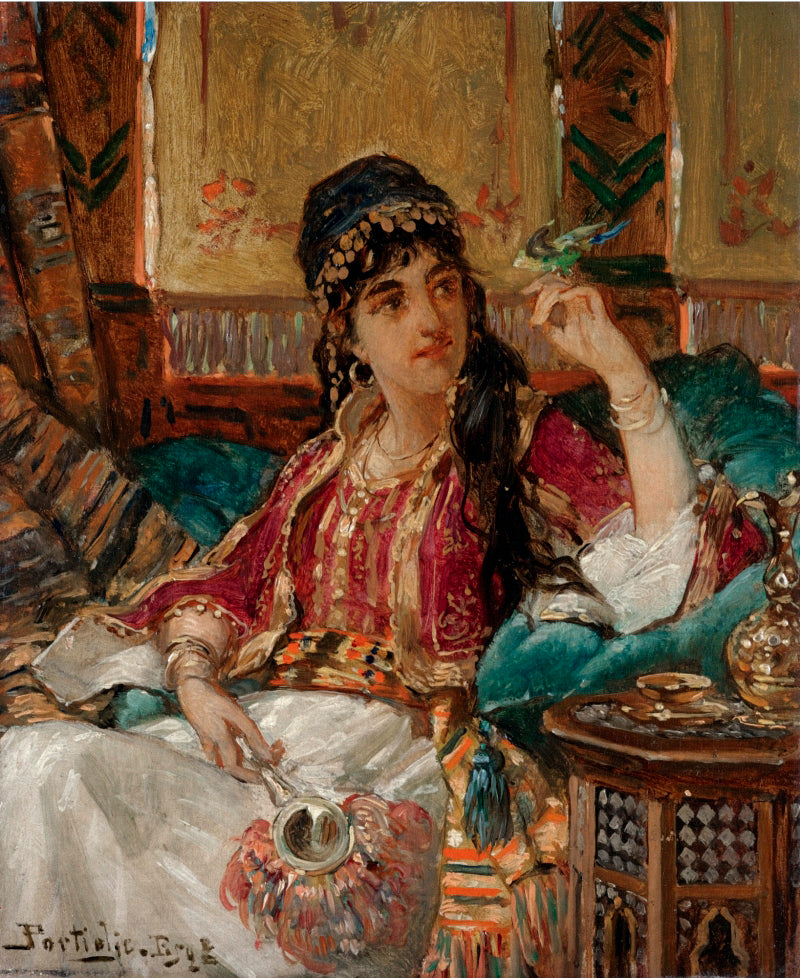 A harem beauty with a songbird, vintage artwork by Jan Frederik Pieter Portielje, 12x8" (A4) Poster