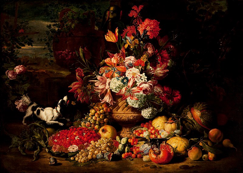 Still life with flowers, fruits and dog, vintage artwork by Abraham Brueghel, 12x8" (A4) Poster