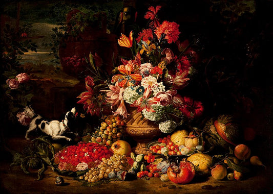 Still life with flowers, fruits and dog, vintage artwork by Abraham Brueghel, 12x8" (A4) Poster