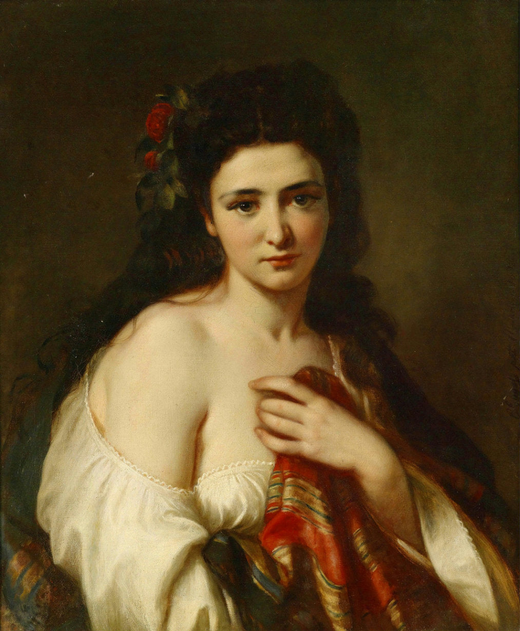 Portrait of a maiden with roses in her hair, vintage artwork by Carl Adolf Gugel, A3 (16x12") Poster Print